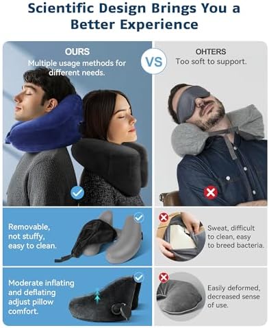 Travel Pillow Inflatable Neck Pillow Airplane Pillow with Velvet Cover Inflatable Pillow for Car/Train/Plane (Black, M) - Image 4