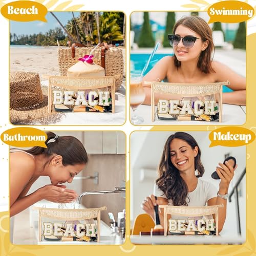 Boho Patch Beach Cosmetic Bag - Summer BEACH Chenille Varsity Toiletry Makeup Bag Beige Letter Clear Waterproof Travel PVC Zipper Clutch Daily Use Purse Summer Makeup Pouch for Women Girls - Image 5