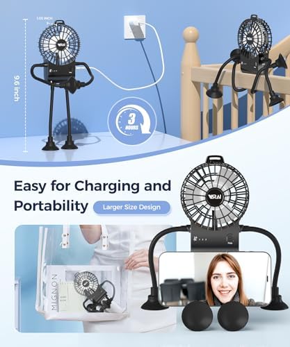 Freestyle Small Robot Fan, Fun Desk Fan with Suckers, Rechargeable Portable Fan and Phone Stand 2 in 1 for Office, Travel and Cars, Black - Image 7