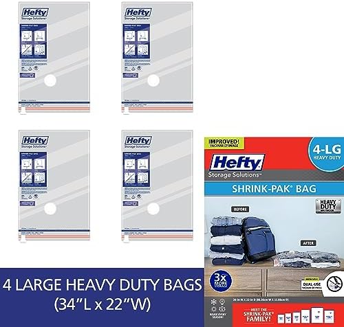 Hefty Shrink-Pak Heavy Duty Vacuum Storage Bags – For Clothes, Pillows, Towels, Blankets & More – Space Saver Vacuum Suction Seal for Home or Travel – 4 Large Bags, 34 x 22 Inches - Image 3