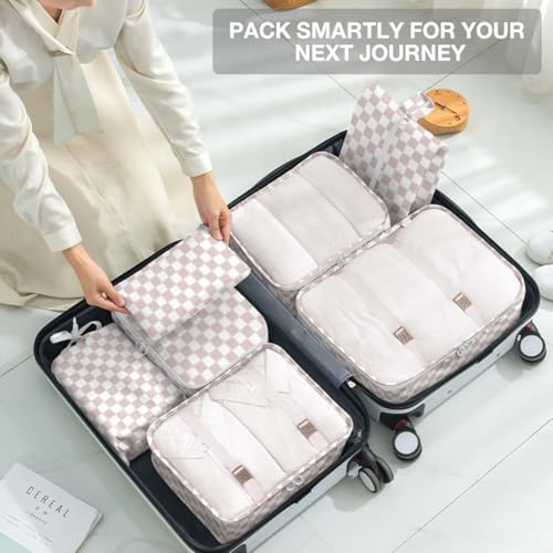 8 Set Packing Cubes for Suitcases, Packing Cubes with Shoe, Cosmetics, Clothing, Accessories Bags for Travel Luggage Organizer Women Men(Light Pink Checkered) - Image 7