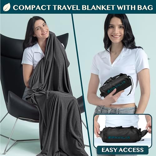 PAVILIA Travel Blanket Airplane Compact with Bag, Soft Packable Plane Blanket Kids Adults, Portable Camping Flight Essentials, Travelers Gifts Accessories, Luggage Backpack Strap, 65x40 Black - Image 2