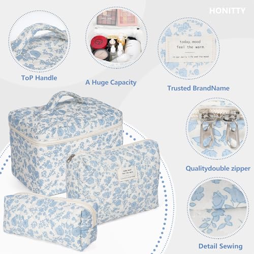 Makeup Bag,Quilted Cosmetic Bag,Large Floral Make Up Bag for Women,Cotton Makeup Bag Set,Flower Travel Toiletry Bag - Image 3