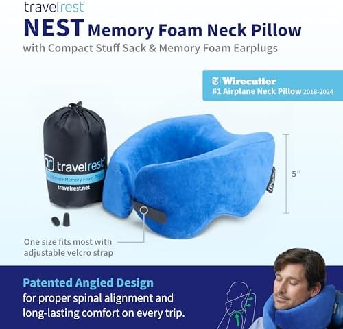 TRAVELREST Nest Memory Foam Travel Neck Pillow, Advanced Support for Long Flights, Patented Design, Optimal Relaxation, Compact, Ergonomic, and Washable, On-The-Go, Attaches to Luggage - Blue - Image 2