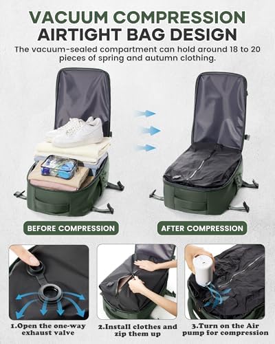 Small Vacuum Travel Backpack with Pump for Women,Airback Personal Item Carry on Backpacks Flight Approved 18x14x8 inches for Men,Laptop Waterproof Work Compression bags Casual Daypack,BrownGreen - Image 4