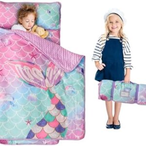 Nap Mats for Daycare Preschool Nap Mat for Toddlers Girls Kids Sleeping Bag with Pillow and Blanket Roll Up Sleeping Mat Foldable Mat for Camping Travel Kindergarten, Mermaid Tail