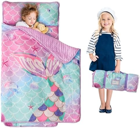 Nap Mats for Daycare Preschool Nap Mat for Toddlers Girls Kids Sleeping Bag with Pillow and Blanket Roll Up Sleeping Mat Foldable Mat for Camping Travel Kindergarten, Mermaid Tail