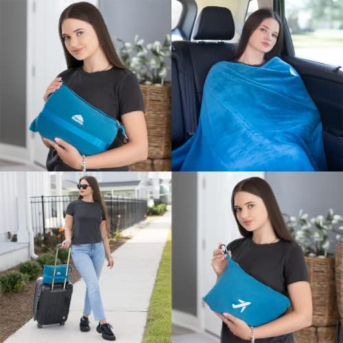 BlueHills Travel Blanket Pillow in Mini Soft Case Premium Plush Airplane Blanket in Soft Bag Compact Pack with Luggage Belt and Backpack Clip Airline Car 2 in 1 Traveler Essentials - Teal Blue M03 - Image 2
