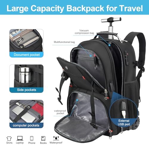 Vacuum Rolling Backpack,50L Roller Travel Laptop Backpack with Anti-Theft,rolling backpack for travel,Water-Resistant Carry-On Luggage,Business and Commuting (B) - Image 2