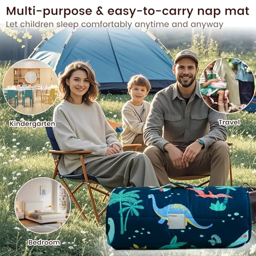 PHF Toddler Nap Mat with Removable Pillow and Minky Fleece Blanket, Rollup Design Warm Slumber Bags for Boys, 50"x20"x2" Kids Sleeping Bag for Daycare Preschool Travel Camping, Dinosaur - Image 7