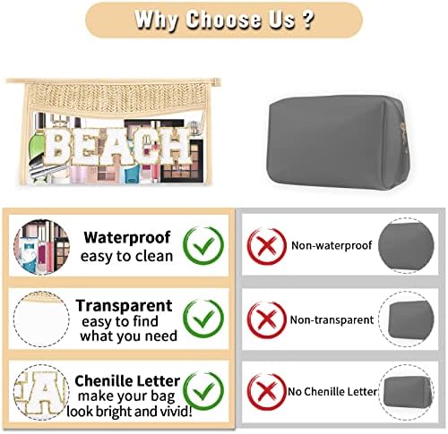 2 Pcs Boho Straw Clear Makeup Letter Bag BEACH Pouch, Sunscreen Bags for Beach Travel Small Cute Chenille Letter SPF Bag Pouch,Waterproof Beach Toiletry Sun Bag Best Beach Accessories for Women(BEACH) - Image 9