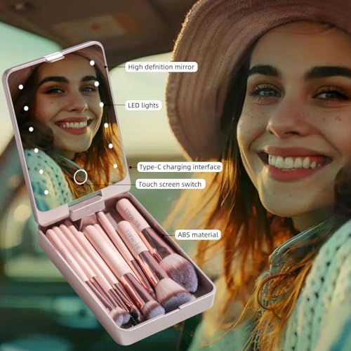 BS-MALL Makeup Brushes Foundation Powder Concealers Eye Shadows Makeup Set with LED light Mirror 14 Pcs Mini Makeup Brushes (APINK) - Image 4