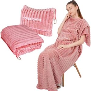 Travel Pillow and Blanket Set Travel Blanket Airplane Compact with Bag Travel Blanket Airplane Travel Essentials Car Blankets for Adults (Light Pink)