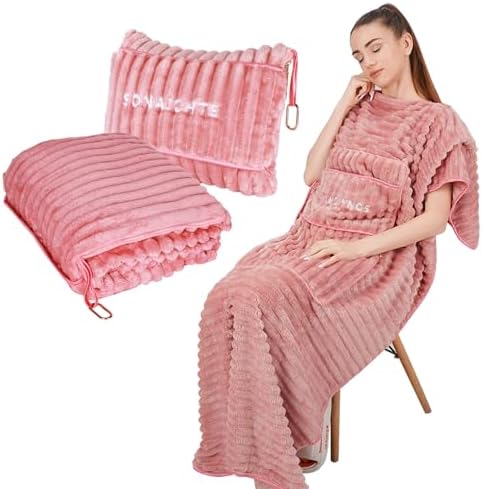 Travel Pillow and Blanket Set Travel Blanket Airplane Compact with Bag Travel Blanket Airplane Travel Essentials Car Blankets for Adults (Light Pink)