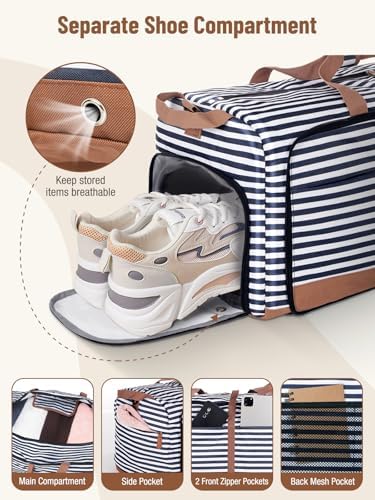 Lekesky Foldable Travel Duffle Bag for Women, 80L Large Duffel Bag with Separate Shoes Compartments & Straps, Carry On Weekend Bag for Women, Hospital, Overnight (Blue Stripes) - Image 4