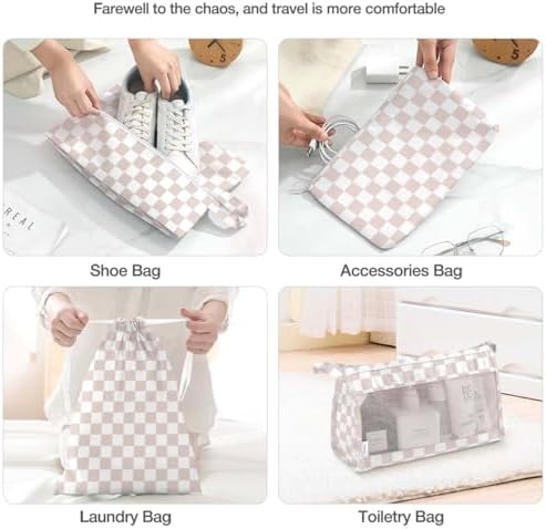 8 Set Packing Cubes for Suitcases, Packing Cubes with Shoe, Cosmetics, Clothing, Accessories Bags for Travel Luggage Organizer Women Men(Light Pink Checkered) - Image 5
