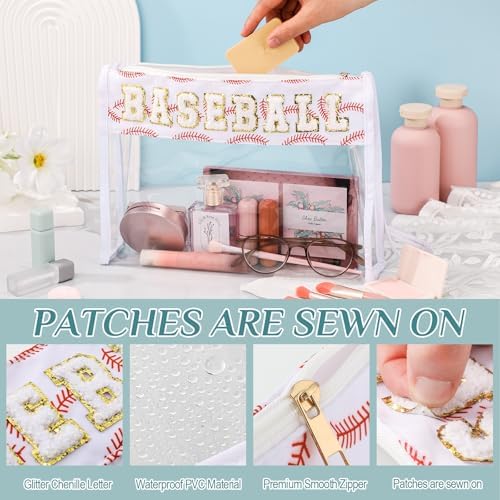 Remerry Clear Chenille Letter Makeup Bag Stand up Snack Bags Preppy Cosmetic Pouch Expandable Clear Travel with Wrist Strap Zipper Portable Multipurpose PVC Nylon for Women Travel(White,Baseball) - Image 3