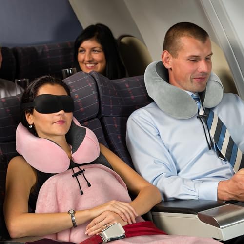 Travel Pillow and Blanket Set Neck Pillows Travel Essentials with Sleep Mask for Airplane Car Memory Foam Pink - Image 4