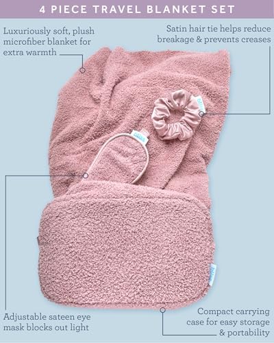 Bliss Womens Travel Blanket Set - 4 Piece Plush Microfiber Packable Travel Blanket with Relaxing Sleep Mask, Carry On Case, and Satin Hair Tie, Pink Gaze - Image 4
