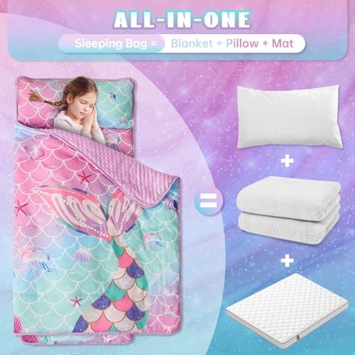 Nap Mats for Daycare Preschool Nap Mat for Toddlers Girls Kids Sleeping Bag with Pillow and Blanket Roll Up Sleeping Mat Foldable Mat for Camping Travel Kindergarten, Mermaid Tail - Image 4