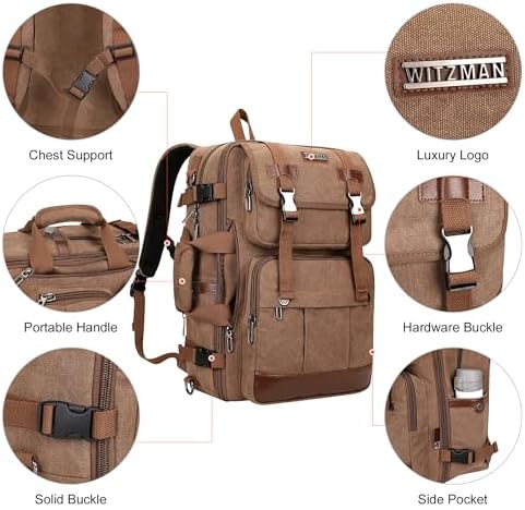 WITZMAN Canvas Travel Backpack for Men Large Laptop Backpack Fit 17 inch Carry-on Airline Approved Convertible Shoulder Rucksack(A6617-3 Brown) - Image 7
