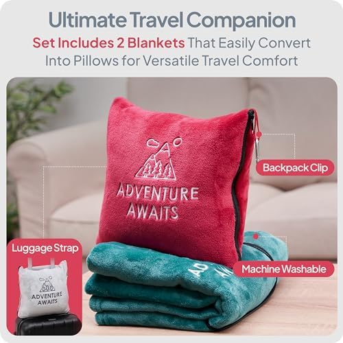 Travel Blanket & Pillow Set of 2- Super Soft 2-in-1 Compact Blanket with Hand & Feet Pouches, Converts into Plush Pillow, Large Size for Airplanes, Travel Essentials, Luggage Sleeve & Clip (Teal/Red) - Image 2