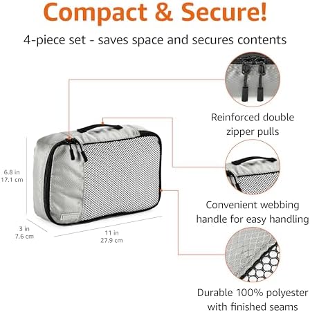 Amazon Basics Small Packing Cubes for Travel, Packing Organizers, 4-Piece-Set With Double Zipper Pulls and Mesh Top Panel, 100% Durable Polyester, Gray, 11"L x 6.8"W x 3"H - Image 3