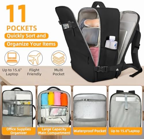 Travel Backpack for Men Women, Carry On Backpack Airlines Approved Personal Item Travel Computer Bag Waterproof Laptop Backpack Business Weekender Overnight Fits15.6Inch Laptop, Black - Image 4