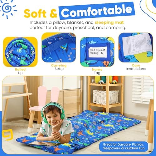 Nature’s Haven Lightweight Nap mat for Kids with Plush Blanket, Removable Pillow & Attached Straps – Soft Toddler Travel Bed with Roll Up Design – Perfect for Preschool, Daycare, Traveling - Image 3