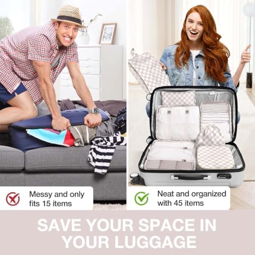 8 Set Packing Cubes for Suitcases, Packing Cubes with Shoe, Cosmetics, Clothing, Accessories Bags for Travel Luggage Organizer Women Men(Light Pink Checkered) - Image 6