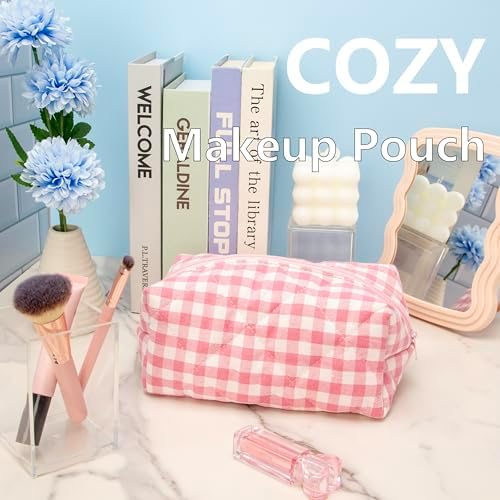 PAZIMIIK Cozy Makeup Bag Small Aesthetic Travel Zipper Cosmetic Pouch for Women Make Up Beauty Accessories Brushes Pink Checkered - Image 6
