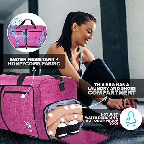 Bago Large Foldable Duffel Bags for Traveling Women & Men - 80L Packable Duffle Bag for Travel with Shoe Compartment - Water Repellant, Heavy Duty, Lightweight Folding & Collapsible (SnowPink) - Image 4