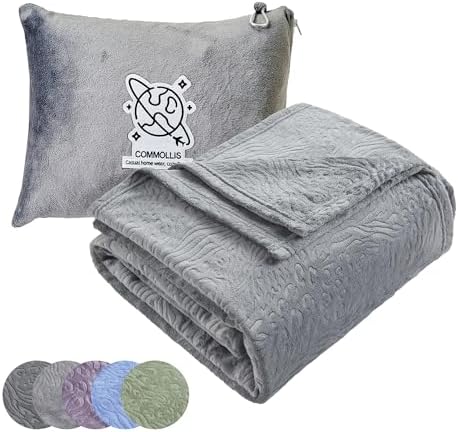 Commollis 2-in-1 Travel Blanket & Pillow for Airplane, Car, Train - Warm Compact Flight Blanket with Luggage Strap & Backpack Clip, Machine Washable, All-Season Use