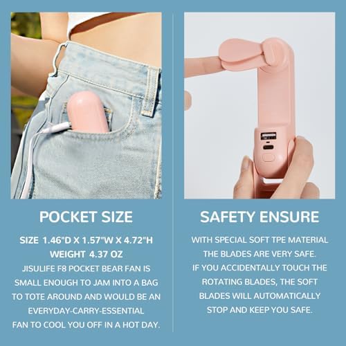 JISULIFE Handheld Mini Fan, 3 IN 1 USB Rechargeable Portable Fan [12-19 Working Hours] with Power Bank, Flashlight, Pocket Design for Travel/Summer/Concerts/Lash, Gifts for Women (Pink) - Image 7