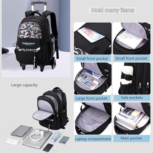 Rolling Backpack for Boys Roller Backpack Kids Bookbag with Wheels Wheeled School Bag for Teen Boys Black - Image 4