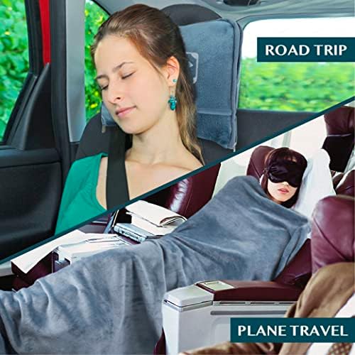 PAVILIA Travel Blanket Pillow in Soft Bag with Pockets, Airplane Blanket Set, Plane Blanket Compact Packable, Flight Essentials Car Pillow, Travelers Accessories Gifts, Luggage Strap, Dusty Light Blue - Image 6