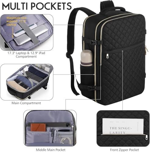 MOMUVO Large Travel Backpack Women, Flight Approved Carry On Backpack, Water Resistant Anti-Theft Casual Daypack School Bag Fit 17 Inch Laptop with USB Charging Port, Black - Image 3