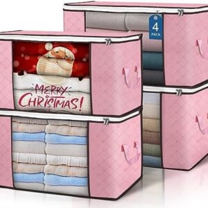 Budding Joy 90L Large Storage Bags, 4 Pack Clothes Storage Bins Foldable Closet Organizer Storage Containers Storage and Organization for Clothes, Blanket, Pillows and Toys (Pink)