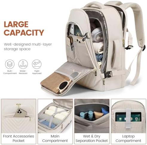 LOVEVOOK Travel Backpack for Women, TSA Personal Item Backpack Travel Bag fits 17.3" Laptop, Carry on Backpack for Weekender Business Hiking, Beige - Image 4