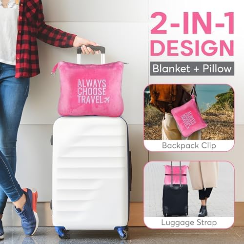 Premium Pillow Blanket Set - 2-in-1 Packable Travel Blanket and Pillow with Hand Luggage Sleeve, Backpack Clip, and Soft Portable Pillowcase - Airplane Blanket for Travel - (Pink) - Image 7