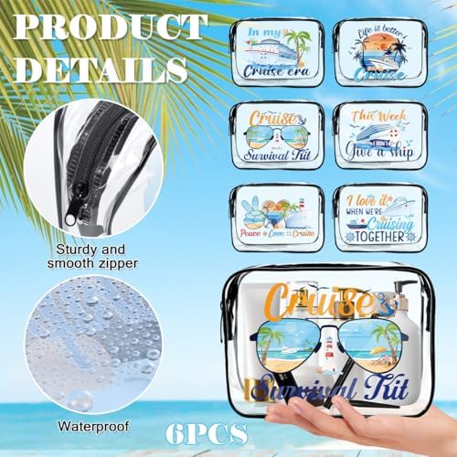 6PC Clear Cruise Makeup Bags Gifts for Women, Clear Beach Cosmetic Bag Cruise Ship Survival Kit Essentials, Travel PVC Waterproof Toiletry Bags for Girls Sister Daughter Nurse Teacher - Image 3