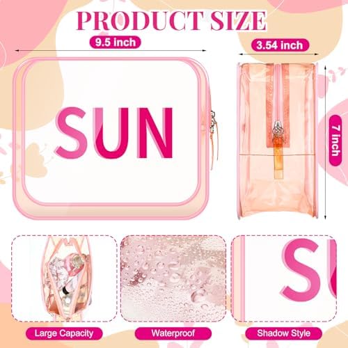 Clear Makeup Bag 9.4"x7"x3.5" Pink Travel Toiletry Bag Large Cosmetic Pouch PVC Waterproof Transparent Zippered Organizer for Women Girl Summer Beach (Sun) - Image 2