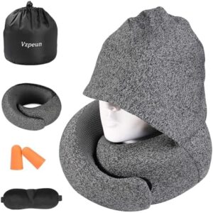 Travel Pillow - Hooded Neck Pillow Airplane, Memory Foam Pillow for Plane, Office, Cars Sleeping, Long Flight Must Haves, Road Trip Essentials Accessories for Adults (Dark Gray)