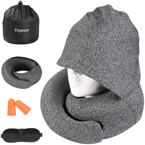 Travel Pillow - Hooded Neck Pillow Airplane, Memory Foam Pillow for Plane, Office, Cars Sleeping, Long Flight Must Haves, Road Trip Essentials Accessories for Adults (Dark Gray)