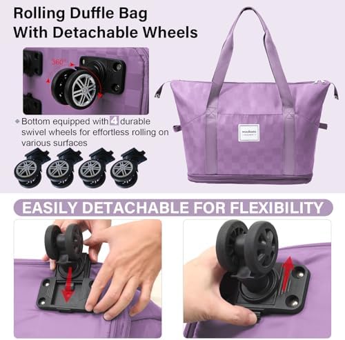 WOOMADA Expandable Foldable Rolling Duffel Bag with Wheels, Detachable Rolling Backpack Weekend Bag for Travel, Gift for Parents, Spouse(Lavender Checkerboard) - Image 4