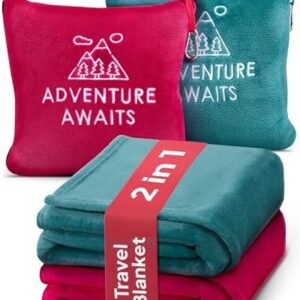 Travel Blanket & Pillow Set of 2- Super Soft 2-in-1 Compact Blanket with Hand & Feet Pouches, Converts into Plush Pillow, Large Size for Airplanes, Travel Essentials, Luggage Sleeve & Clip (Teal/Red)