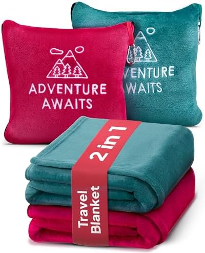 Travel Blanket & Pillow Set of 2- Super Soft 2-in-1 Compact Blanket with Hand & Feet Pouches, Converts into Plush Pillow, Large Size for Airplanes, Travel Essentials, Luggage Sleeve & Clip (Teal/Red)
