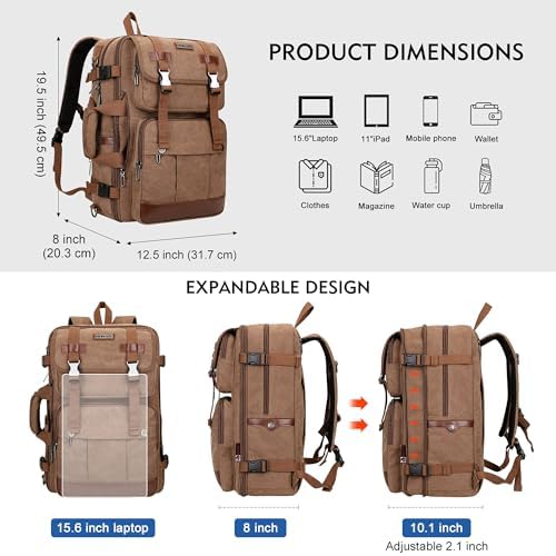WITZMAN Canvas Travel Backpack for Men Large Laptop Backpack Fit 17 inch Carry-on Airline Approved Convertible Shoulder Rucksack(A6617-3 Brown) - Image 3