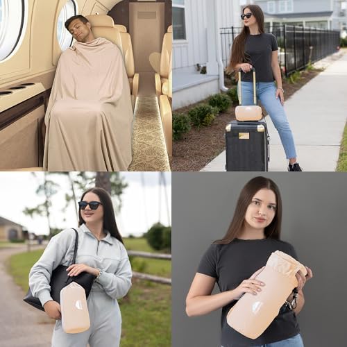 BlueHills Ultra Compact Travel Blanket Pillow for Airplane Traveling Essential Long Flight Trip Throw in Bag Portable Case Large Plane Accessories Beige - C007 - Image 2