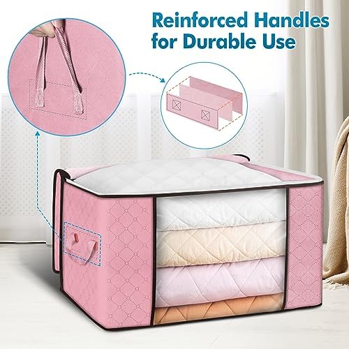 Budding Joy 90L Large Storage Bags, 4 Pack Clothes Storage Bins Foldable Closet Organizer Storage Containers Storage and Organization for Clothes, Blanket, Pillows and Toys (Pink) - Image 3